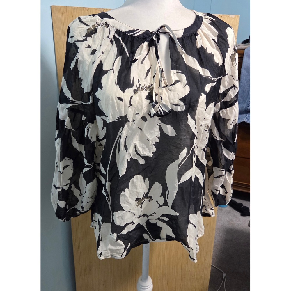Tommy Bahama Womens Silk Blend Floral Puff Sleeve Tie Neck Blouse Black White S